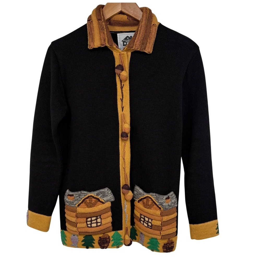 Storybook Knits Log Cabin Cardigan Sweater Black Mustard S Cottagecore Cabincore